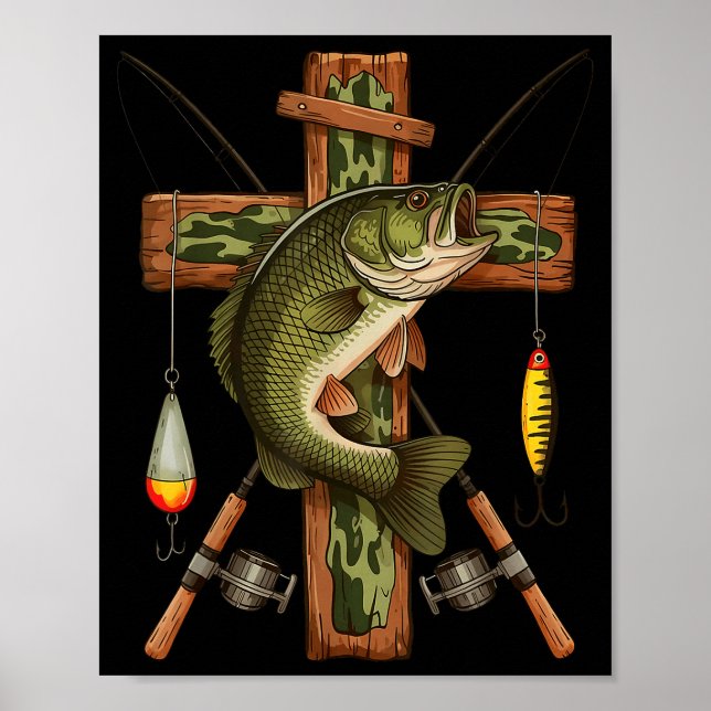 Poster Retro Camo Cross Fishing Rod Hook B Christian Fish (Frente)