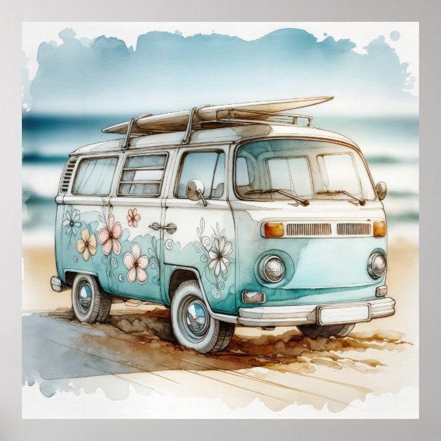 Poster Retro Campervan com Flores Hippie e Surfboard (Frente)