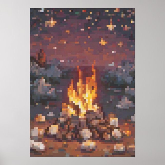 Poster Retro Camping Pixel Art Design - Glowing Campfire  (Frente)