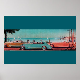 Pôster RETRO CARROS, azul verde rosa vermelho