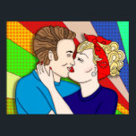 Poster Retro Casal de Beijo, 1950<br><div class="desc">Arte desenhada à mão do Casal Retro de 1950 Beijando Estilo de Arte Pop nos anos 50.</div>