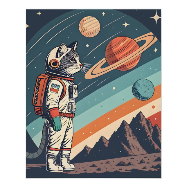 Pôster Retro Cat Astronaut Cosmic Space Illustration (Frente)