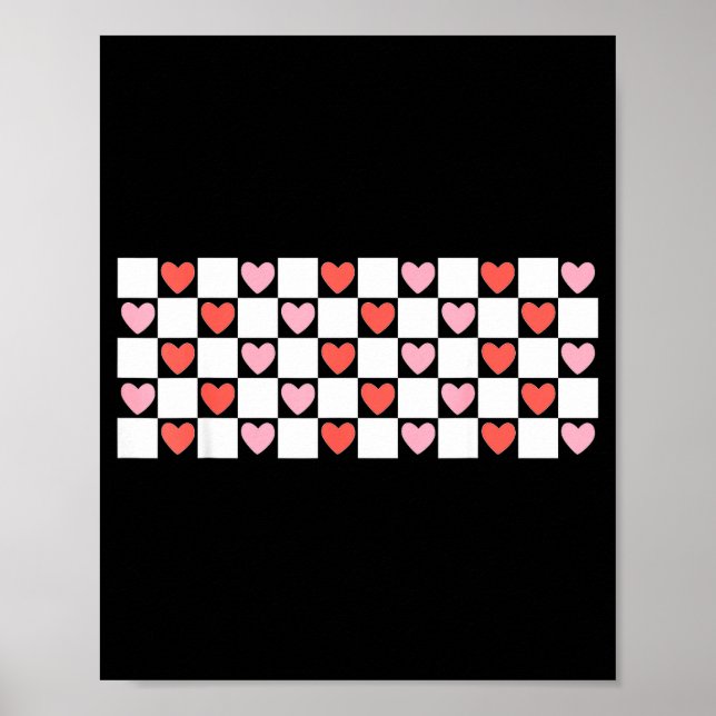 Poster Retro Checkered Red And Nk Hearts Valentines Day  (Frente)