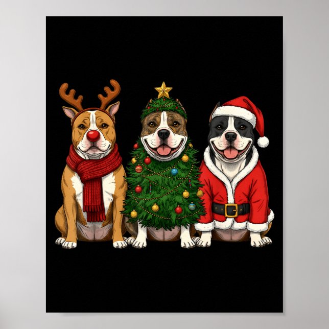 Poster Retro Christmas American Bully Santa Reindeer Dog  (Frente)