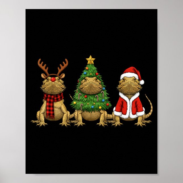 Poster Retro Christmas Bearded Dragon Santa Reindeer  (Frente)