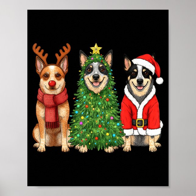 Poster Retro Christmas Blue Heeler Santa Reindeer Dog Lov (Frente)