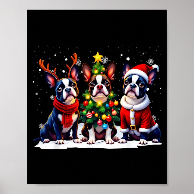 Poster Retro Christmas Boston Terrier Santa Reindeer Dog  (Frente)