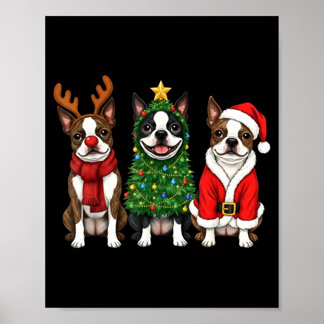 Poster Retro Christmas Boston Terrier Santa Reindeer Dog  (Frente)