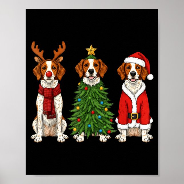 Poster Retro Christmas Brittany Spaniel Santa Reindeer Do (Frente)