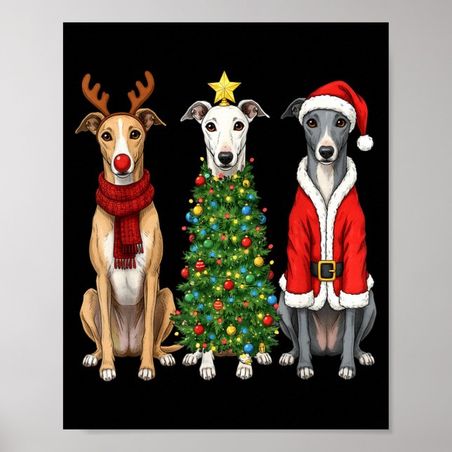 Poster Retro Christmas Ghound Santa Reindeer Dog Lover  (Frente)