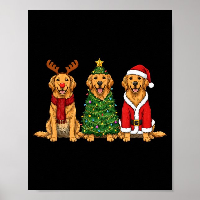 Poster Retro Christmas Golden Retriever Santa Reindeer Do (Frente)