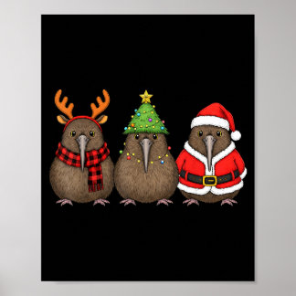 Poster Retro Christmas Kiwi Bird Santa Reindeer 