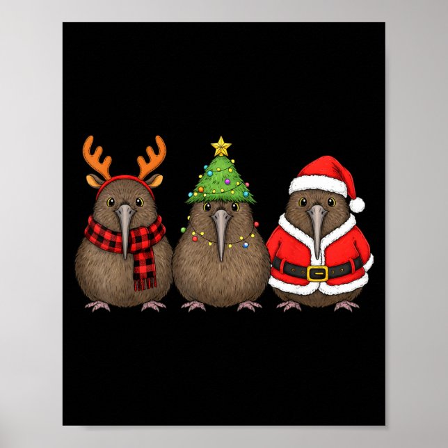 Poster Retro Christmas Kiwi Bird Santa Reindeer  (Frente)