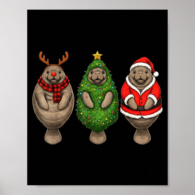 Poster Retro Christmas Manatee Santa Reindeer  (Frente)