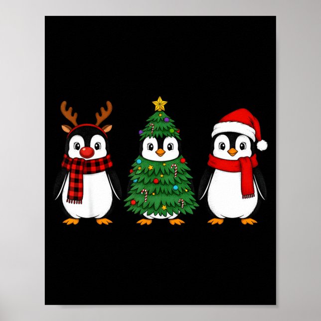Poster Retro Christmas Penguin Santa Reindeer  (Frente)