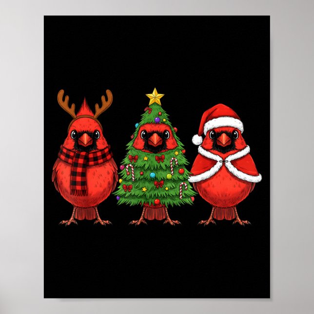 Poster Retro Christmas Red Cardinal Bird Santa Reindeer  (Frente)
