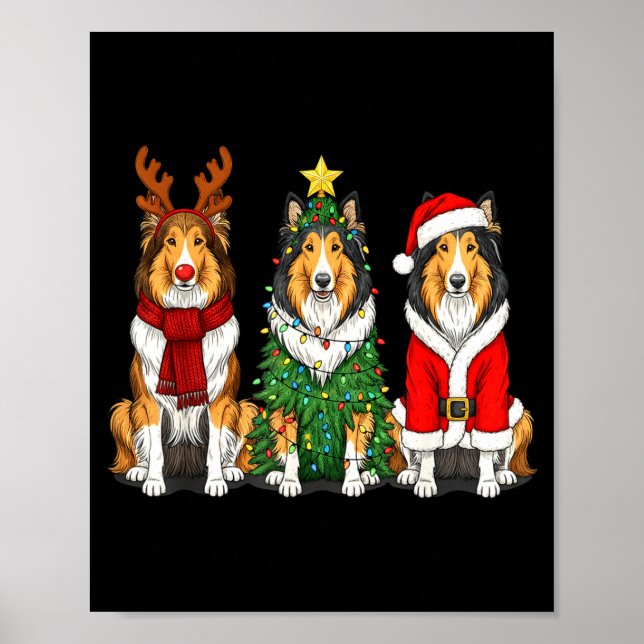 Poster Retro Christmas Rough Collie Santa Reindeer Dog Lo (Frente)