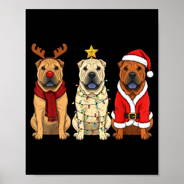 Poster Retro Christmas Shar Pei Santa Reindeer Dog Lover  (Frente)