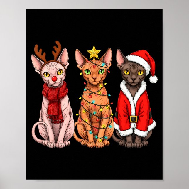 Poster Retro Christmas Sphynx Cat Santa Reindeer  (Frente)
