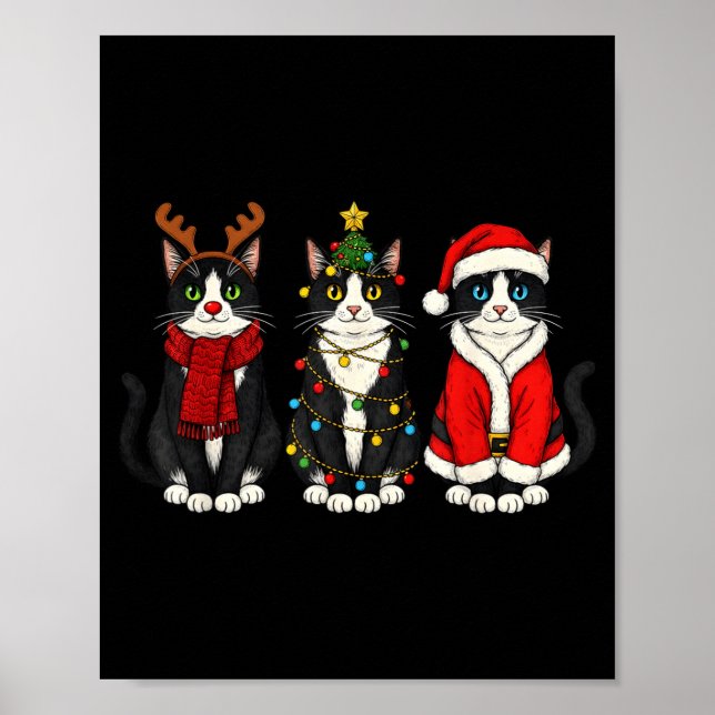 Poster Retro Christmas Tuxedo Cat Santa Reindeer  (Frente)