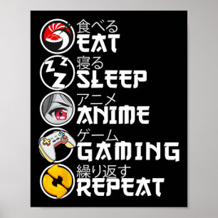 Poster Retro Comer Dormir Anime Jogos Repetir Kawaii Anim