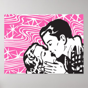 Pôster Retro Comic Kiss on Pink Vintage Background
