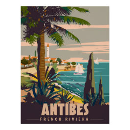 Pôster retrô da Riviera Francesa Antibes. Costa tr