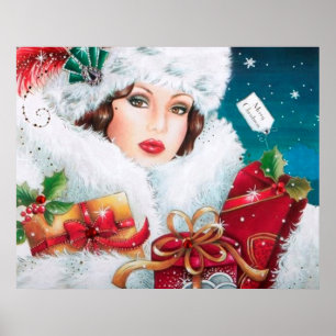 Poster retro da senhora Natal do art deco do