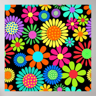 Poster Retro Daisy Blossom Flower Power Pattern