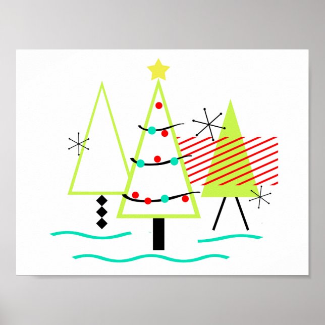 Poster Retrô das árvores modernas de natal do meio século (Frente)