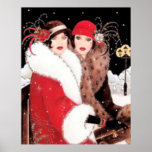 Poster retro das senhoras do Natal do art deco do