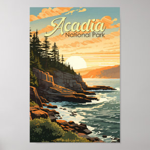 Poster Retro de Ilustração do Parque Nacional Acadia