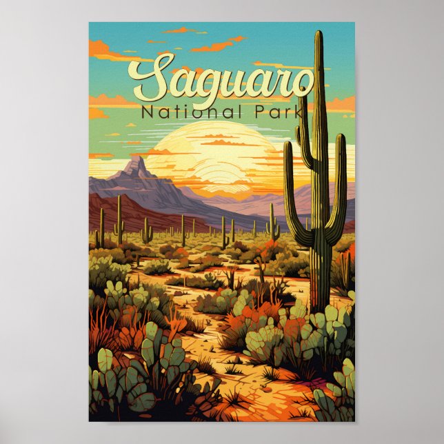 Poster Retro de Ilustração do Parque Nacional do Saguaro (Frente)