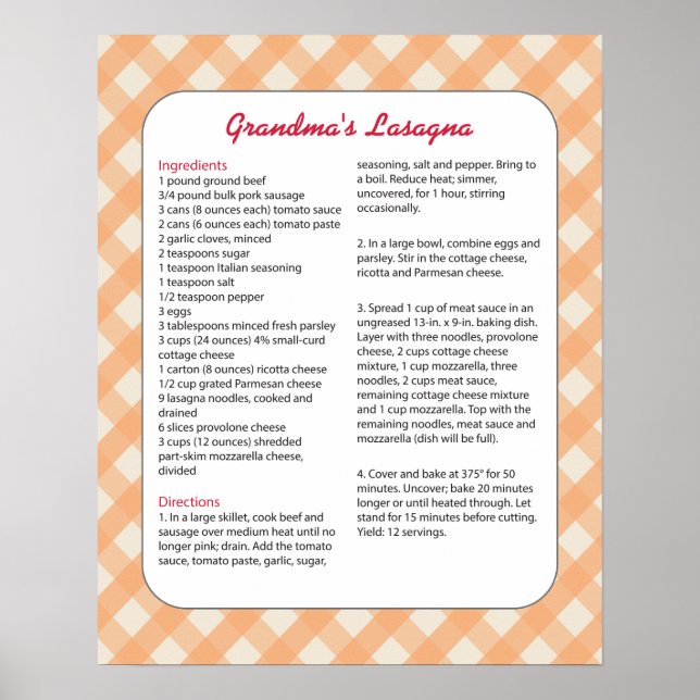 Poster Retro de Receita Favorita da Família - Lasagna (Frente)