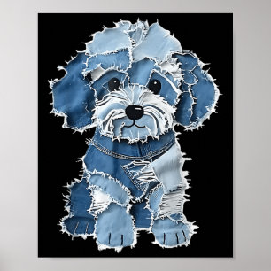 Poster Retro Denim Dog Patch, Engraçado Shabby Blue Jean