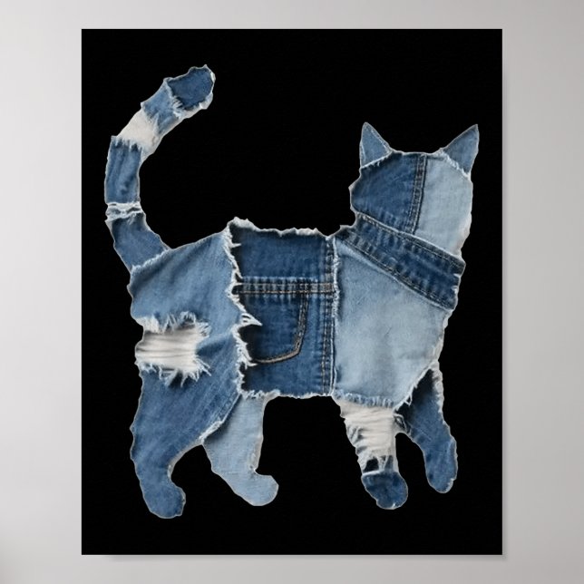 Poster Retro Divertido Remendo de Denim Animal Gato Impre (Frente)
