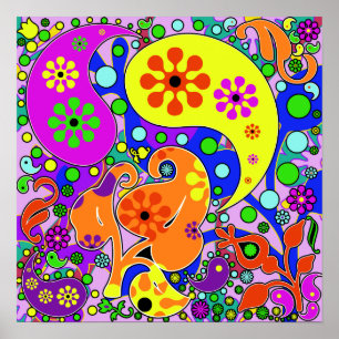 Poster retro do Hippie de Paisley das flores Funky