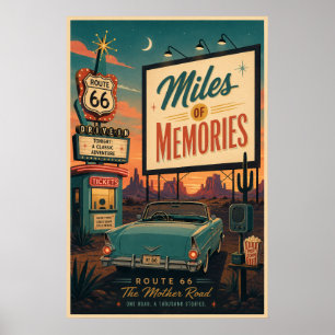 Poster Retro Drive In da Rota 66 de Meados do Século