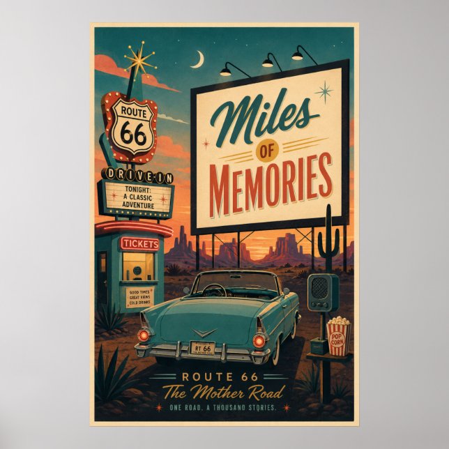 Poster Retro Drive In da Rota 66 de Meados do Século (Frente)