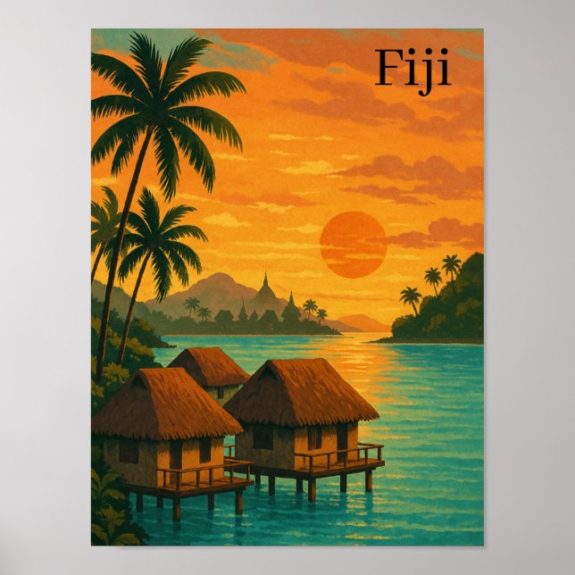 Poster Retro Fiji Tropical Ocean Bungalows Sunset View (Frente)