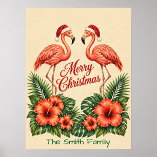Poster Retro Flamingo de Natal da Família Personalizado d
