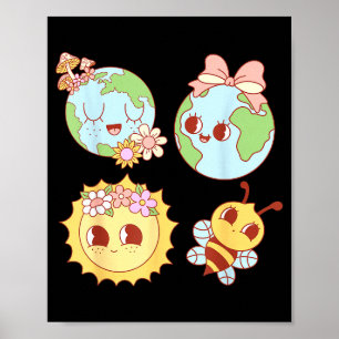 Poster Retrô floral groovy coração dia da terra ambiental