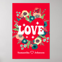 Poster Retro Floral Heart Love Red Dia de os namorados Ar
