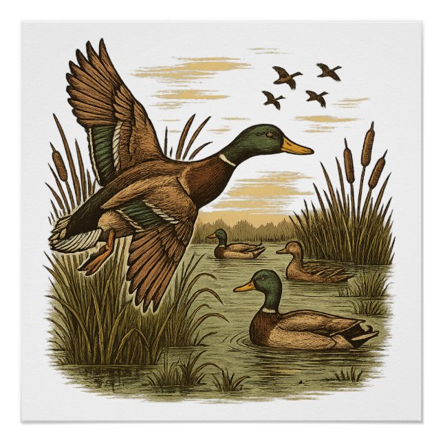 Pôster Retro-Flying-Mallard-Duck-Hunting (Frente)