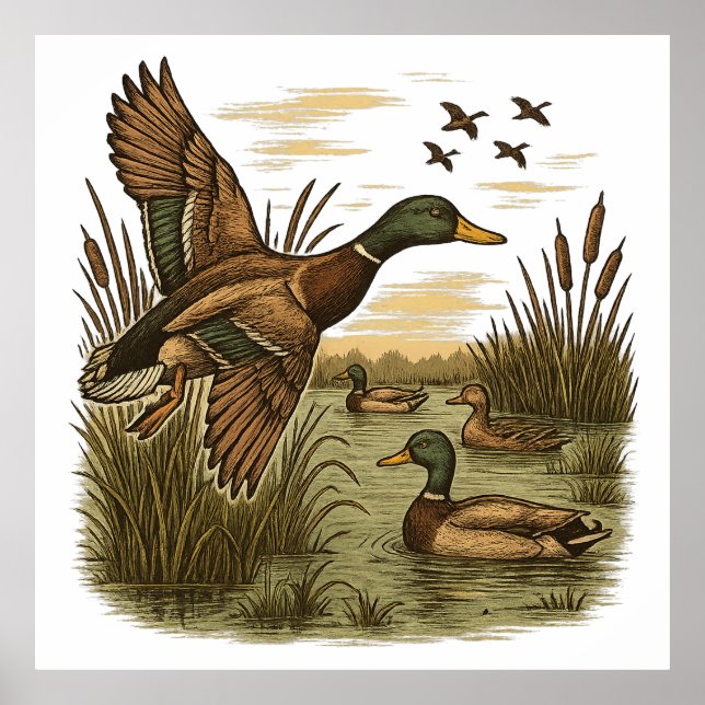 Poster Retro-Flying-Mallard-Duck-Hunting,  (Frente)