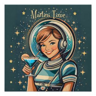 Pôster Retro Futurista Garota Astro Tempo de Martini