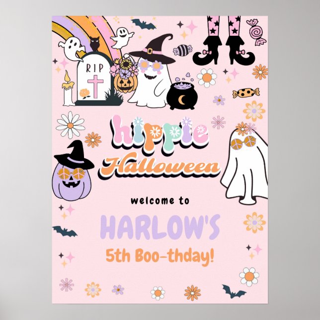 Poster Retro Groovy Ghost Hippie Halloween Aniversário (Frente)