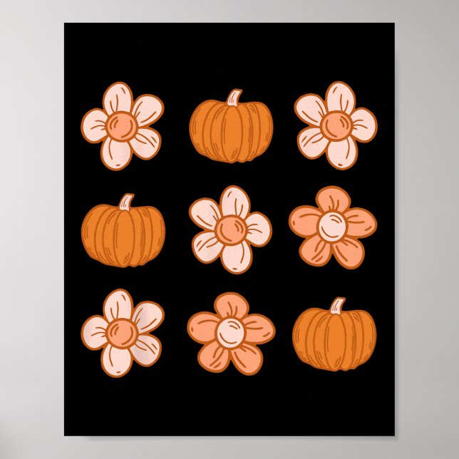 Poster Retro Groovy Halloween Fall Hippie Pumpkin Floral (Frente)