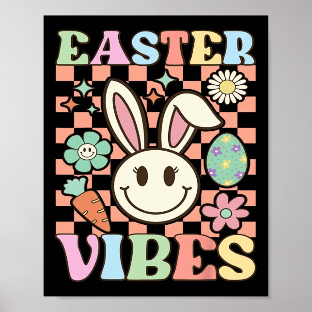 Poster Retro Groovy Páscoa Vibes Bunny Checkered Smile Wo (Frente)