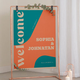 Poster Retro groovy teal beige typography welcome wedding